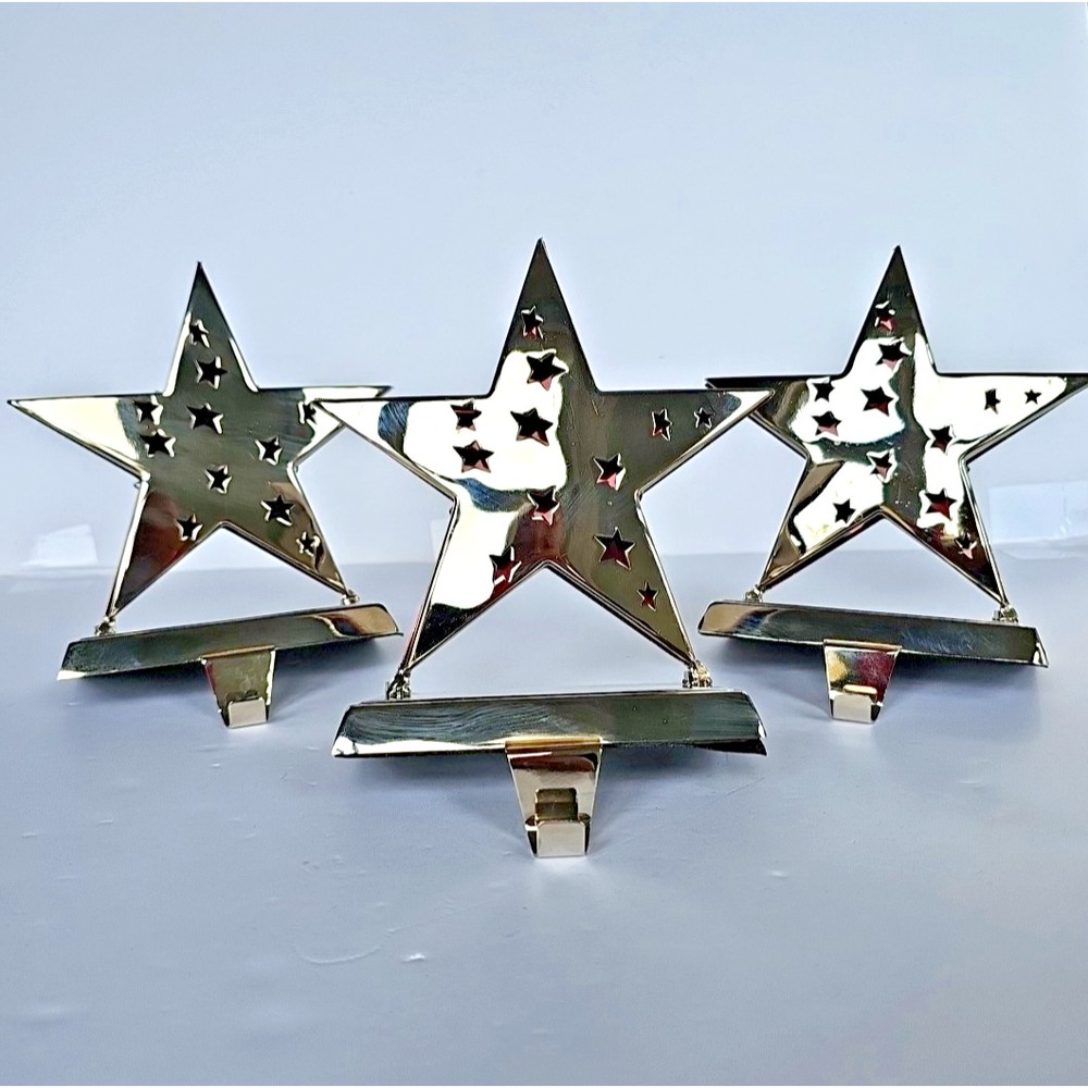 Set of 3 Silver Star Christmas Stocking Holders Polished Chrome Mantel Hangers